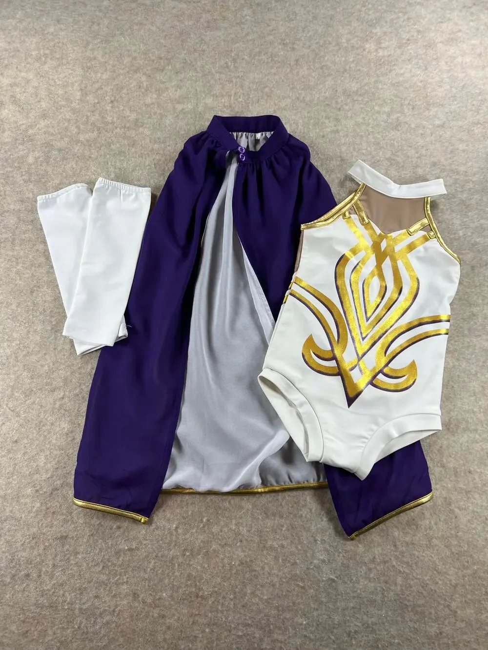 Evie's Closet LSU Tigers Golden Girl Leotard Cape Arm Sleeves Size CS (4/5) NWT